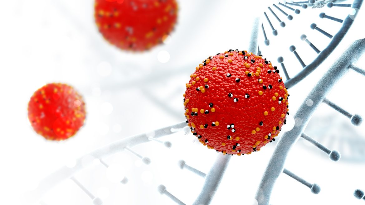 3D render of a medical background with DNA strands and virus cells