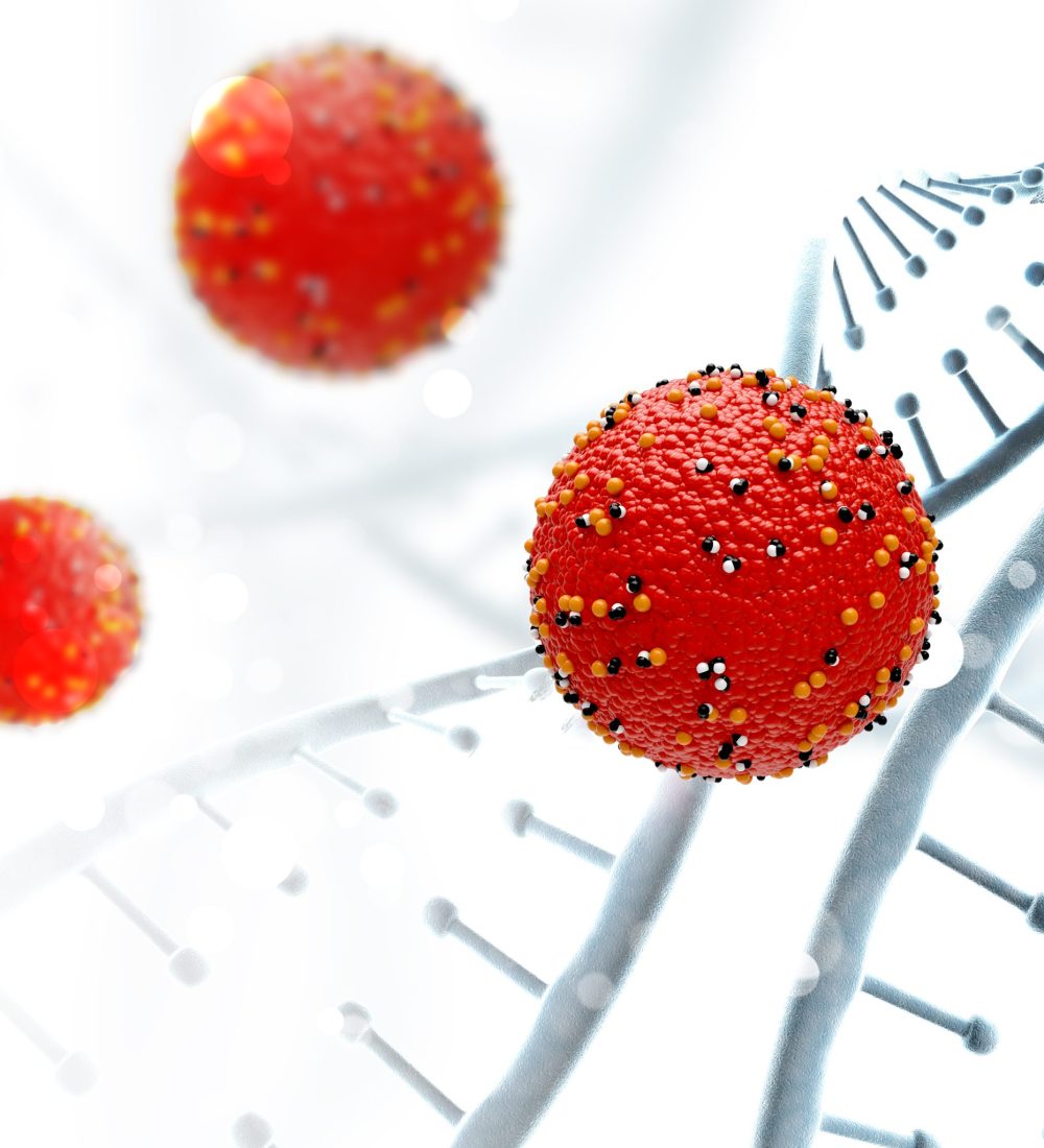 3D render of a medical background with DNA strands and virus cells